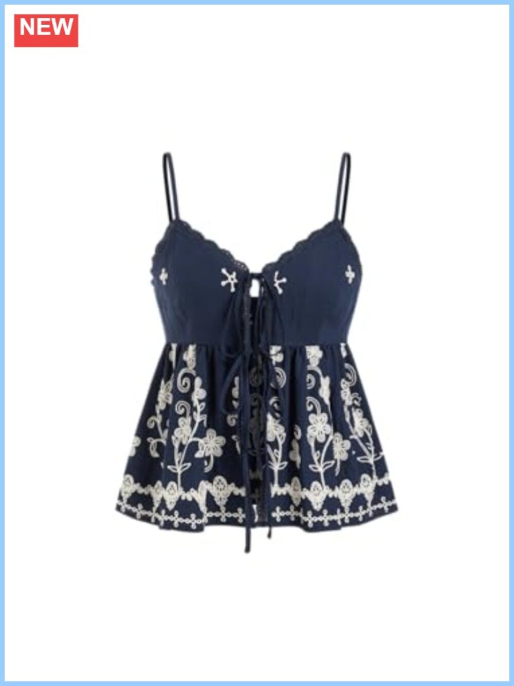 Boho Embroidered Lace Spaghetti Strap Tie Front Peplum Cami Top